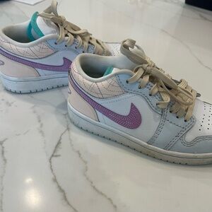Nike Air Jordan Sneakers with Lavender Swoosh and Beige Accents